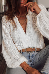 V-Neck Long Sleeve Button Up Lace Shirt