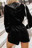 Black Velvet Zipped Front Drawstring Waist Hooded Romper