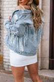 Sky Blue Sequin Embellished Fringe Distressed Denim Jacket